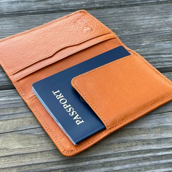 Leather Passport Holder Handmade Mustard Genuine Leather Bi Fold Travel Wallet - Picture 2 of 12